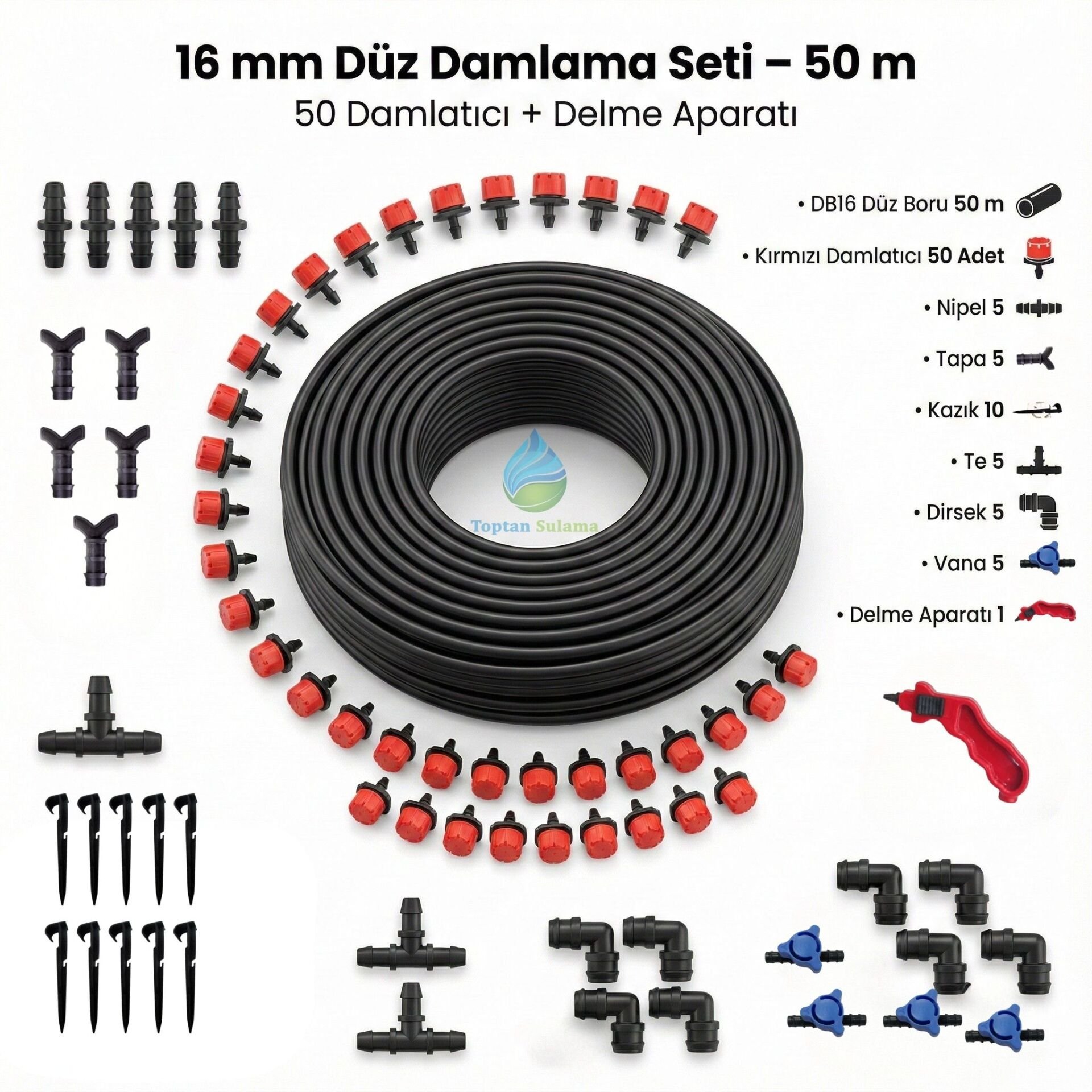 16 mm Düz Damlama Seti 50 m – 50 Adet Kırmızı Damlatıcılı, Delme Aparatlı (Bahçe/Sera)