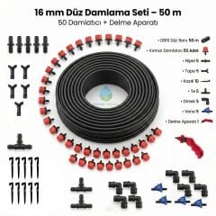 16 mm Düz Damlama Seti 50 m – 50 Adet Kırmızı Damlatıcılı, Delme Aparatlı (Bahçe/Sera)