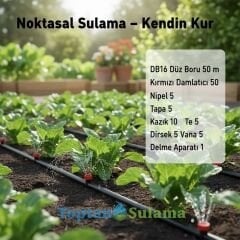 16 mm Düz Damlama Seti 50 m – 50 Adet Kırmızı Damlatıcılı, Delme Aparatlı (Bahçe/Sera)