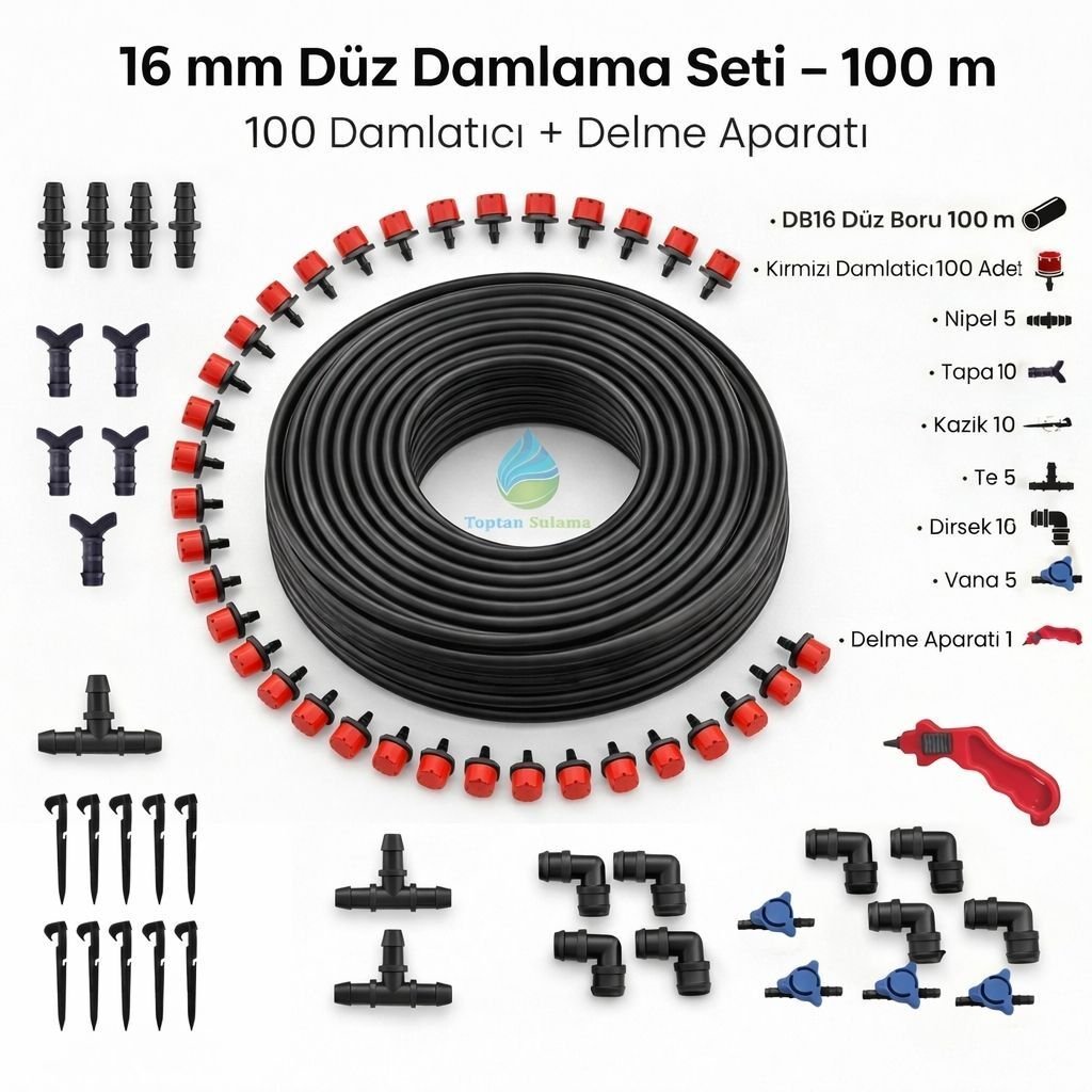 16 mm Düz Damlama Seti 100 m – 100 Adet Kırmızı Damlatıcılı, Delme Aparatlı (Bahçe/Sera)