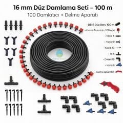 16 mm Düz Damlama Seti 100 m – 100 Adet Kırmızı Damlatıcılı, Delme Aparatlı (Bahçe/Sera)