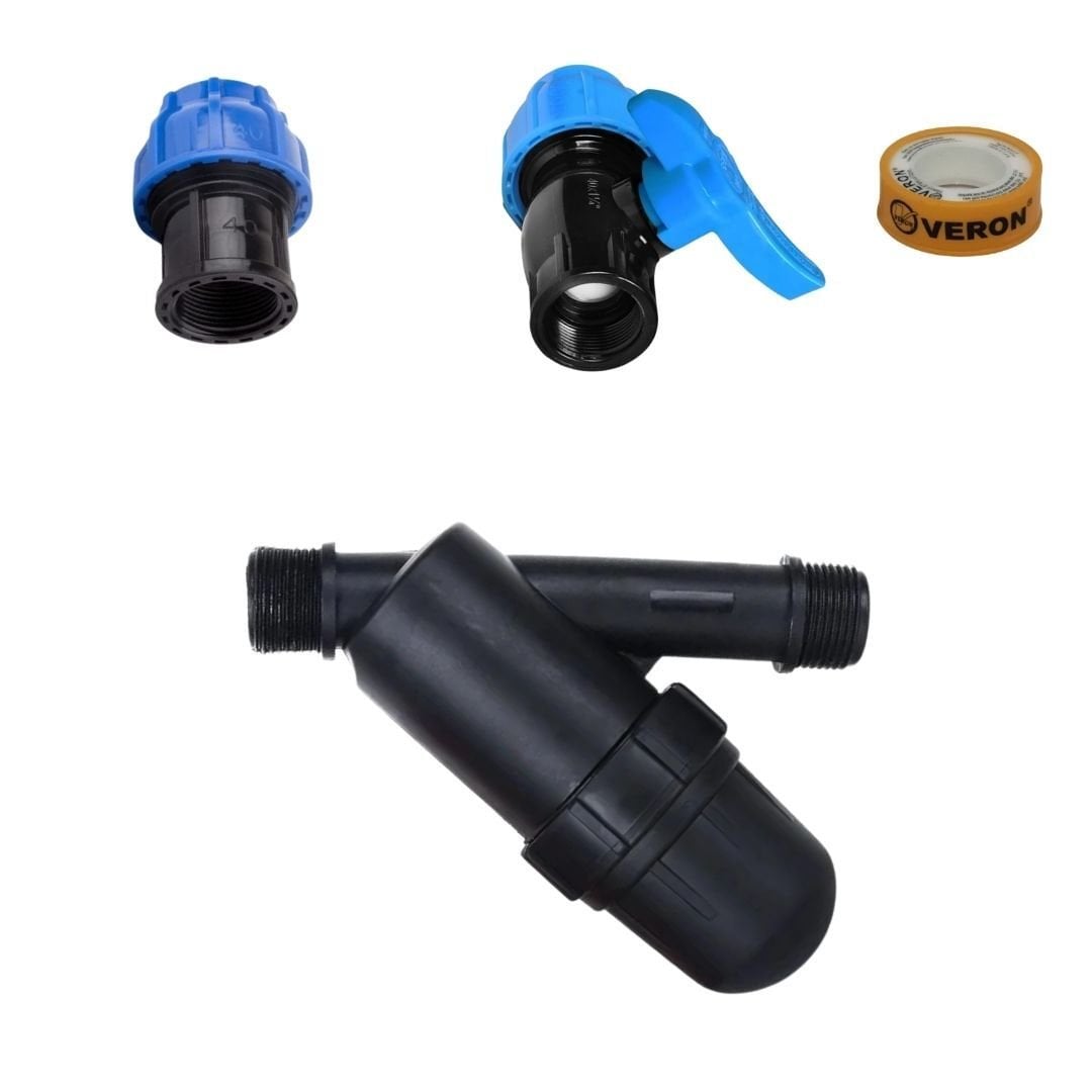 Vanalı Filtre Bağlantı Seti 25mm – 3/4'' (Plastik Filtre + Vana + Adaptör + Teflon)