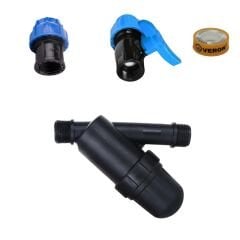 Vanalı Filtre Bağlantı Seti 25mm – 3/4'' (Plastik Filtre + Vana + Adaptör + Teflon)