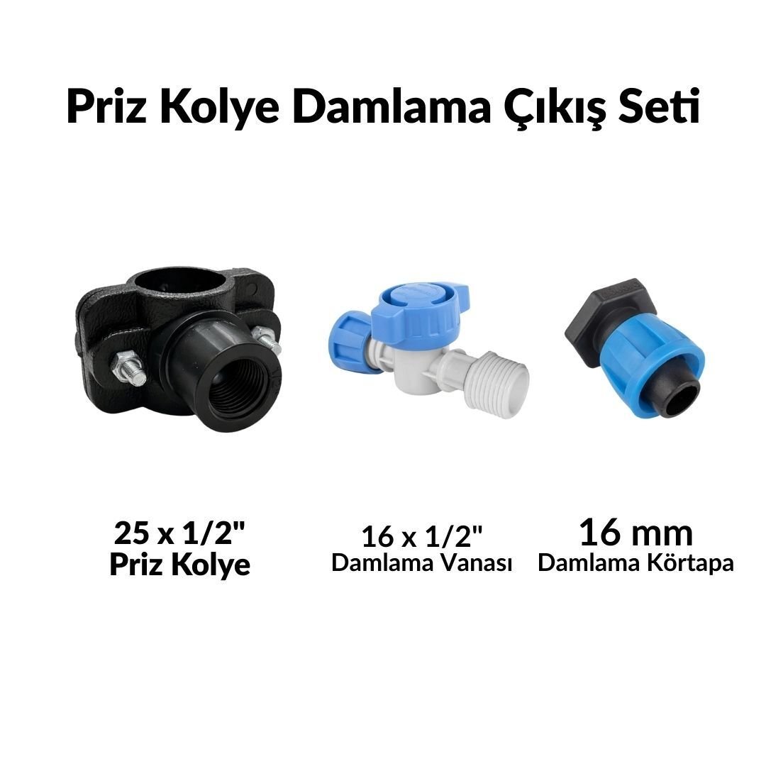 25 Lik Ana Borudan 16mm Damlama Çıkış Seti: Priz Kolye + Mini Vana + 16mm Tapa