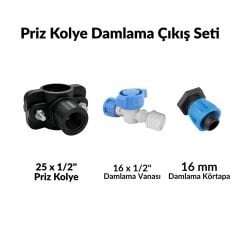 25 Lik Ana Borudan 16mm Damlama Çıkış Seti: Priz Kolye + Mini Vana + 16mm Tapa