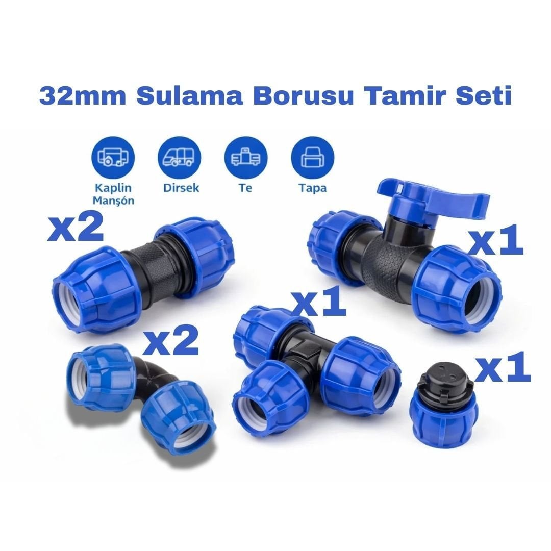 32mm Sulama Borusu Tamir Seti (2 Kaplin Manşon, 2 Dirsek, Te, Tapa, Vana) – Pratik PE Boru Ek Parça Seti