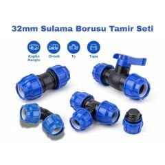 32mm Sulama Borusu Tamir Seti (2 Kaplin Manşon, 2 Dirsek, Te, Tapa, Vana) – Pratik PE Boru Ek Parça Seti
